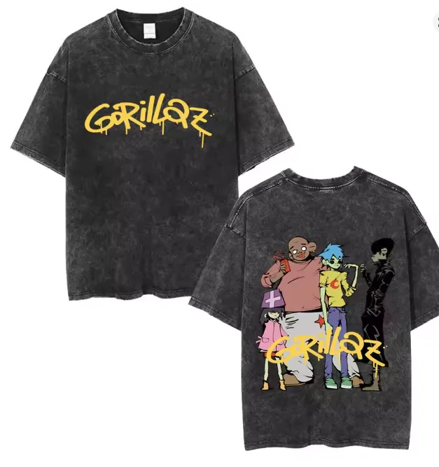 Washed Vintage Rock Band Gorillaz The Now Now Album Graphic T-shirts Men Women Clothing Hip Hop Punk Oversized T Shirts