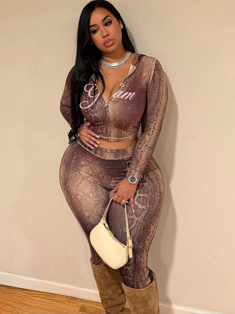 이상한 뱀 무늬 트랙수트 2피스 세트 여성용 레터 패치워크 지퍼 재킷+바지 매칭 캐주얼 스트레치 슬림 스트리트 의상