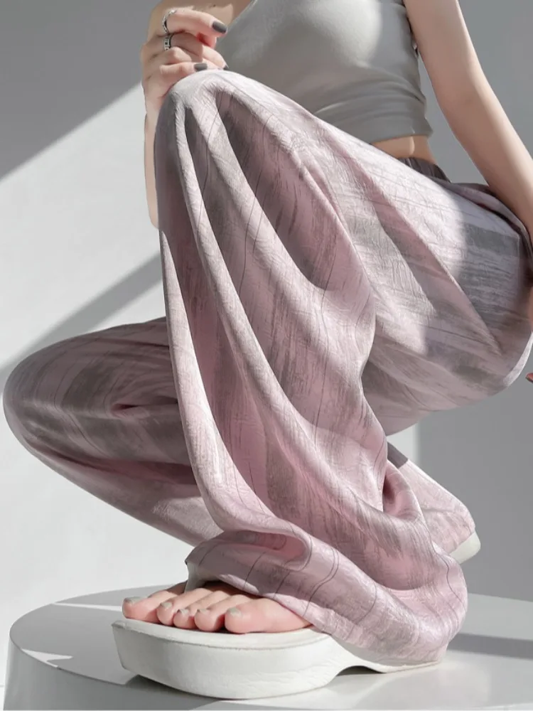 夏用アイスシルクワイドレッグパンツ レディース アセテートサテン染め ルーズカジュアルパンツ 小さいサイズ 日焼け防止パンツ ドラウォーキ...