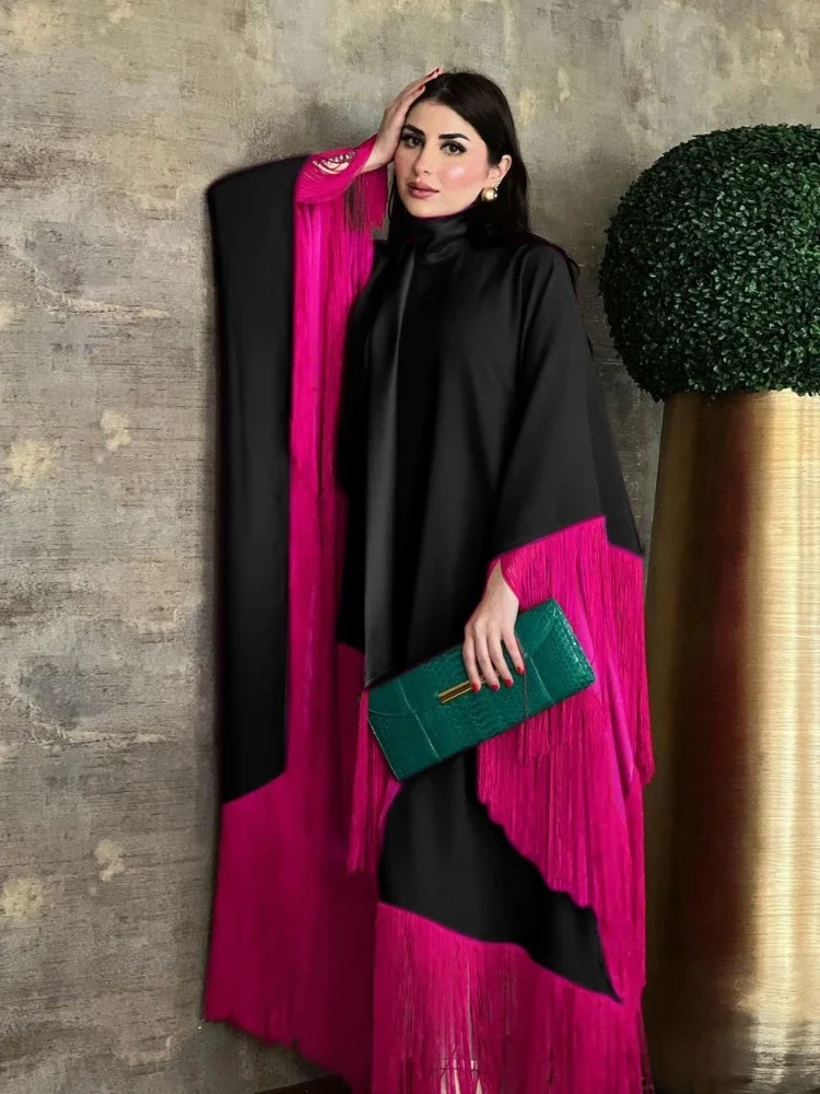 Abaya Muslim Lebaran untuk wanita gaun pesta Jalabiya rumbai Kaftan Islam Vestidos jubah panjang Arab Ramadan Maroko Dubai Abayas 2024