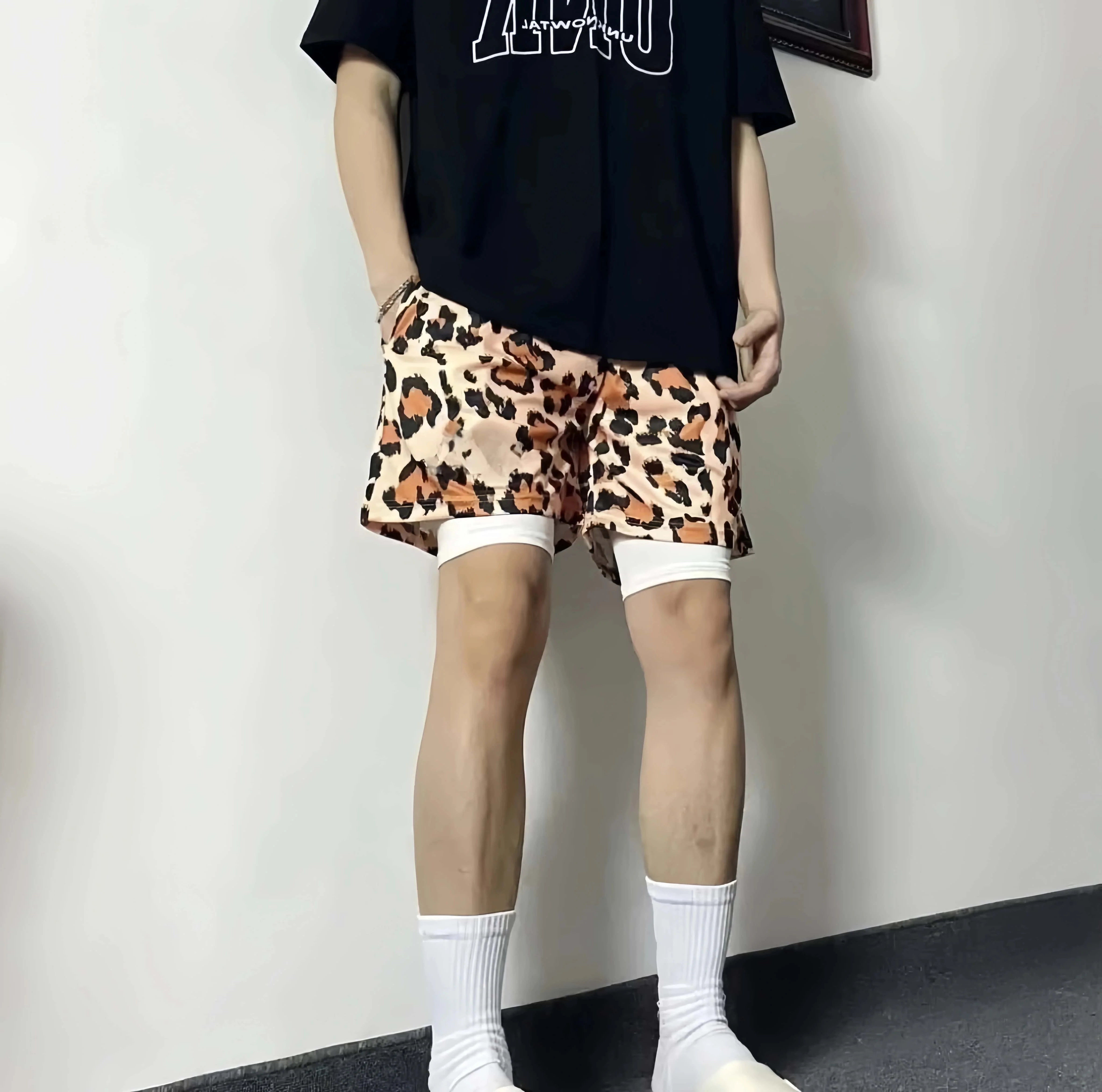 2026 Summer New Men's and Women's Leopard Pattern Shorts Street Fashion  Lightweight and Breathable Mesh Hip Hop Style