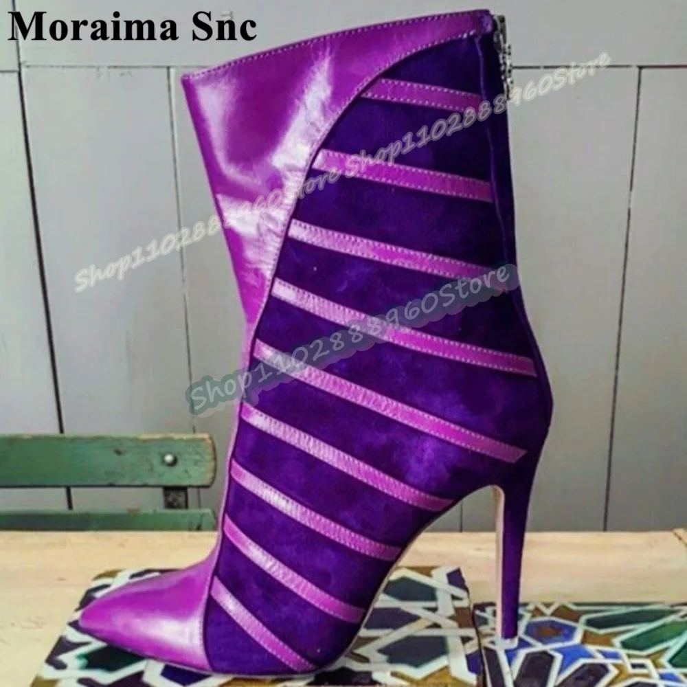 

Casual Purple Leather Flock Splicing Ankle Boots Stilettos High Heel Shoes For Women Back Zipper Pointed Toe Zapatos Para Mujer
