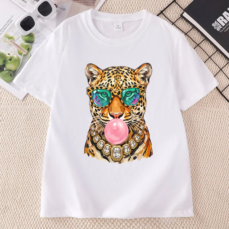 Trendy Leopard T Shirt Bubblegum Sunglasses Big Cat Graphic T Shirts Retro Animal Printed T-Shirt Cotton Short Sleeve tops