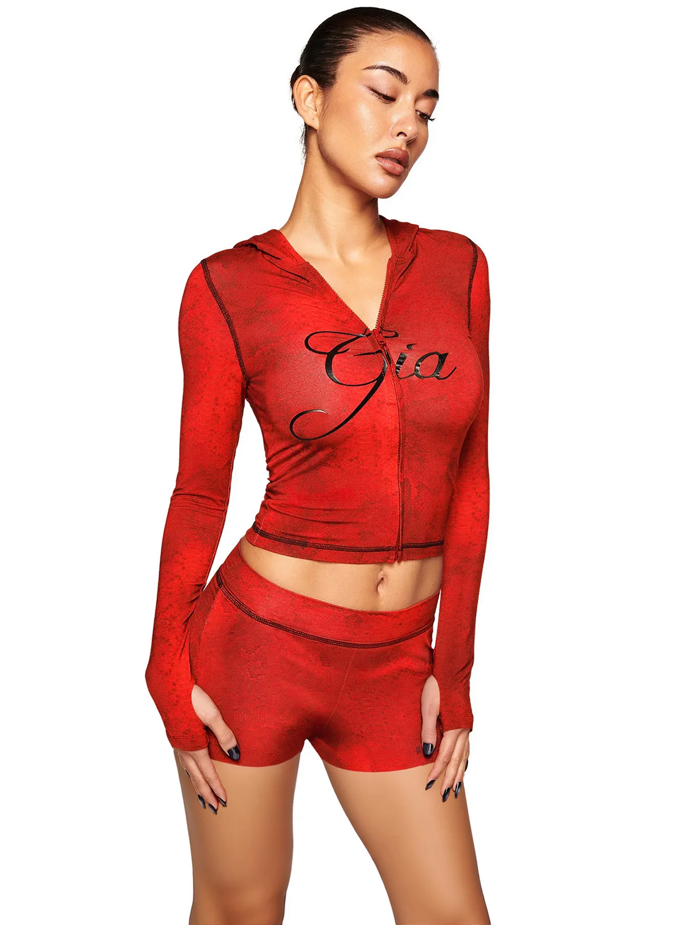 Women Y2K 2 Piece Outfit English Alphabet Graphic Print Hooded Zip Up Crop Top & Shorts Set Stretchy Sport Streetwear Tracksuit