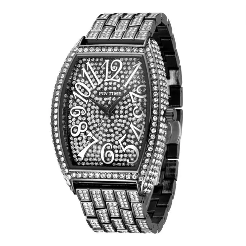 Fashionable and trendy diamond studded wine barrel style waterproof quartz wristwatch for both men and women