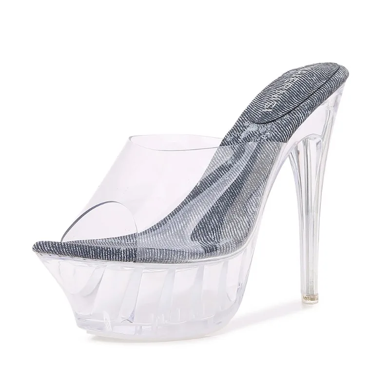 Luxo Deslizamento Na Sandália De Plataforma De PVC Para Mulheres, Saltos Finos De 14cm, Sapatos De Festa De Carreira De Escritório, Moda Feminina, Transparente, Senhora