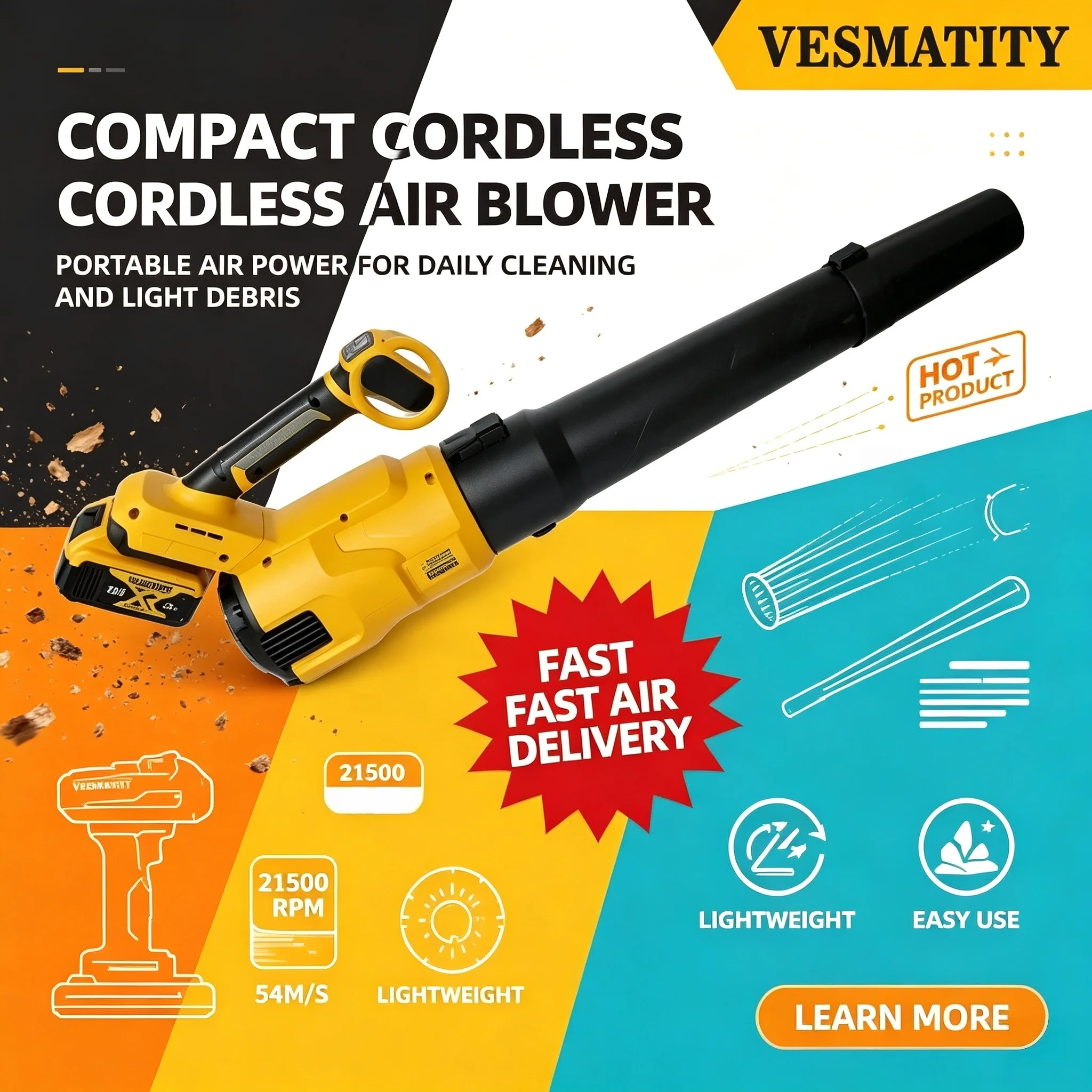 VESMATITY 20V Battery Brushless Air Blower 3 Speed 160000rpm Powerful Cordless Electric Leaf Snow Duster Blowing Power Tool