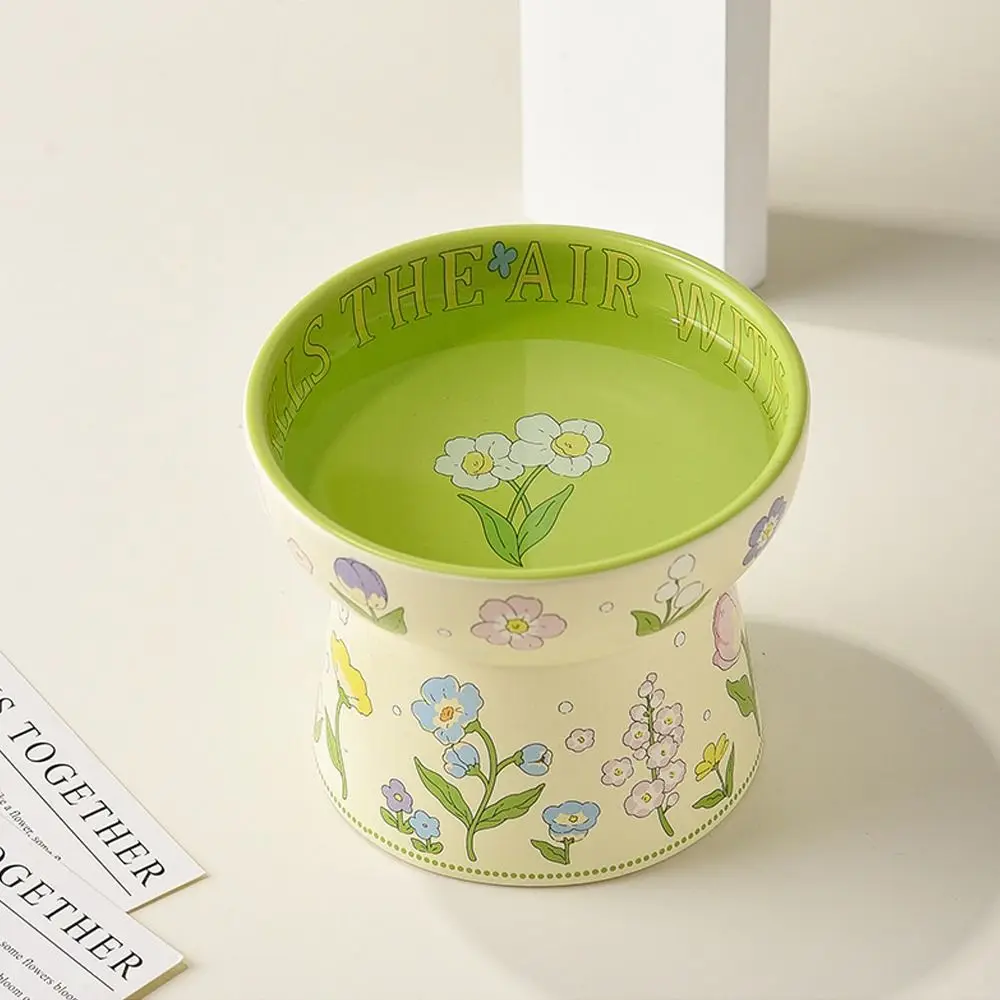 Green Ceramic Cat Bowl Rabbit Flower High Foot Diagonal Pet Feeding Bowl Non-Slip Cat Canned Food Bowl For Drinking Feeding