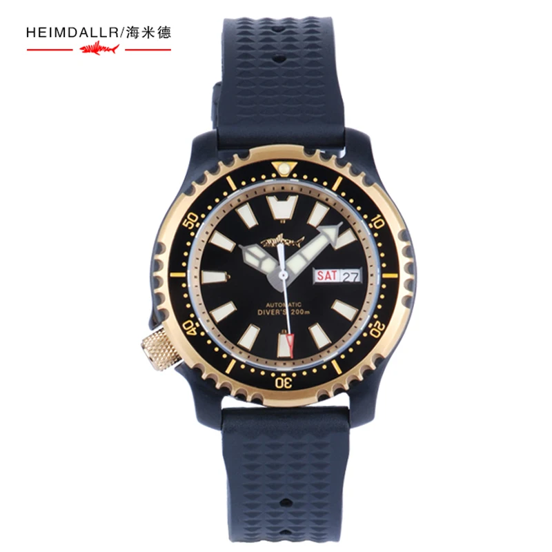 

Heimdallr Men's Black Dial Diver Watch Black PVD Coated Case Left Crown NH36 Automatic Movement 20Bar Rubber Strap C3 Luminous