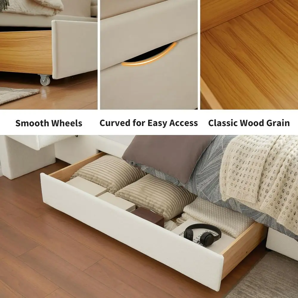 โครงเตียงแพลตฟอร์มกำมะหยี่สีครีมพร้อมลิ้นชักเก็บของและแผ่นไม้ ไม่ต้องใช้สปริงกล่อง ประกอบง่าย