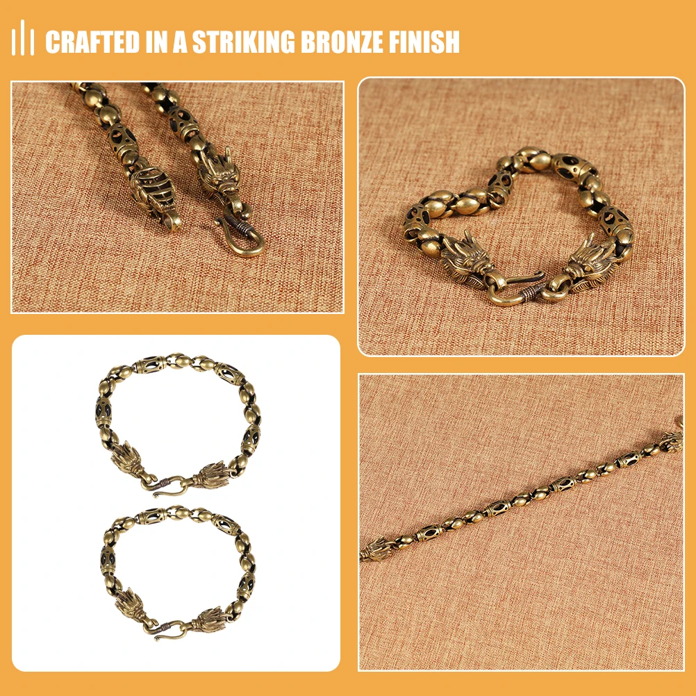 

2Pcs Vintage Dragon Head Bracelet Brass Bangle Set 2024 Chinese Zodiac Jewelry for Men Women Minimalist Bronze Chain