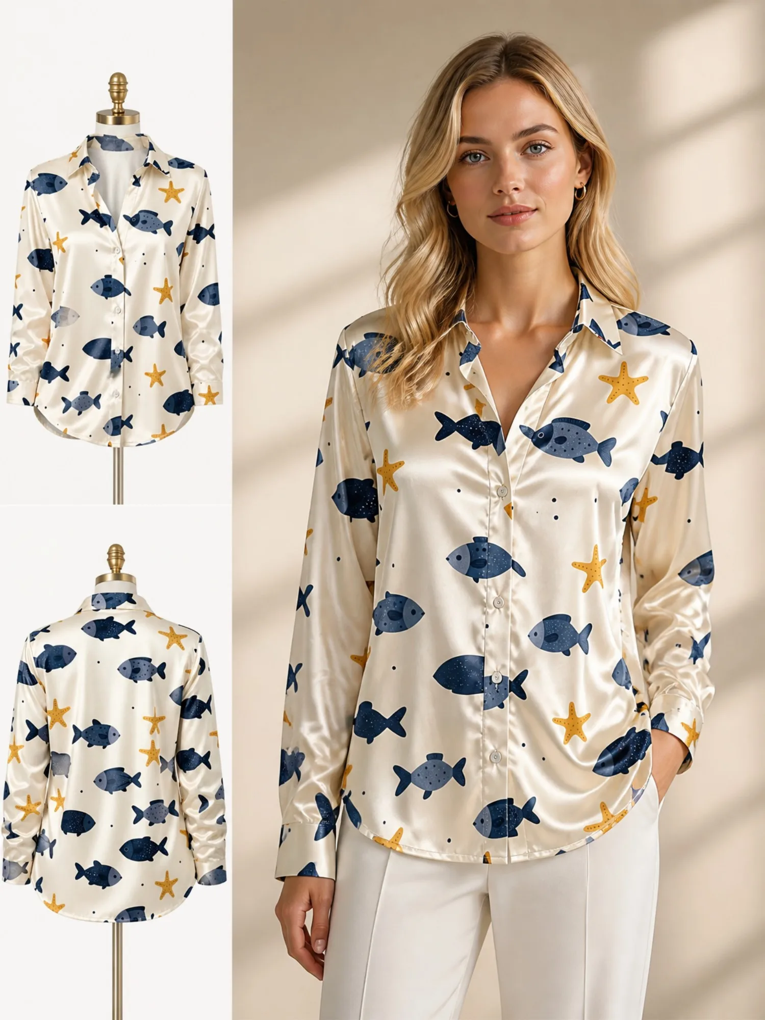 

Ivory Blue Fish Satin Blouse for Women Long Sleeve Button Down Shirt Ocean Starfish Vacation Silky Top