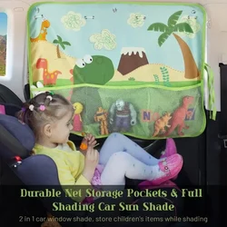 Dinosaur Car Window Shade for Baby Kids Car Sun Shade Curtain for Windows with Storage Net Pocket Sun Glare & UV Rays Protection