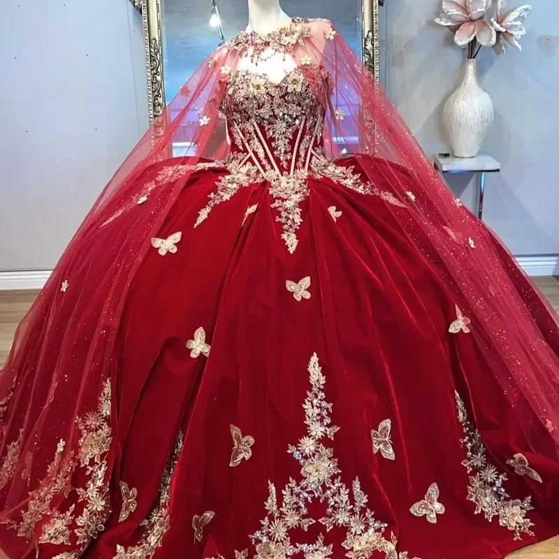 Luxury Red Gold Butterfly Applique Quinceanera Dresses Beading Off Shoulder Ball Gown With Cape vestidos 15 años quinceañera