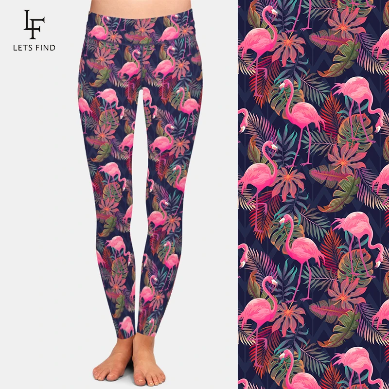 LETSFIND Super Soft Milk Silk Print Flamingos and Palm Fronds Pattern Women High Waist Leggings Fashion Pants