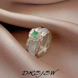 DREJEW Zircon Flower Ring Simple Design Touching Jade Index Finger Ring China-Chic Luxury High-end Hand Jewelry Women