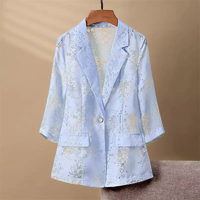 Organza Blazer Thin Style Women's Summer Sun Protection Jacket Hollowed Out 3/4 Sleeves Light Blue Suit Jacket Fashion Tops K975