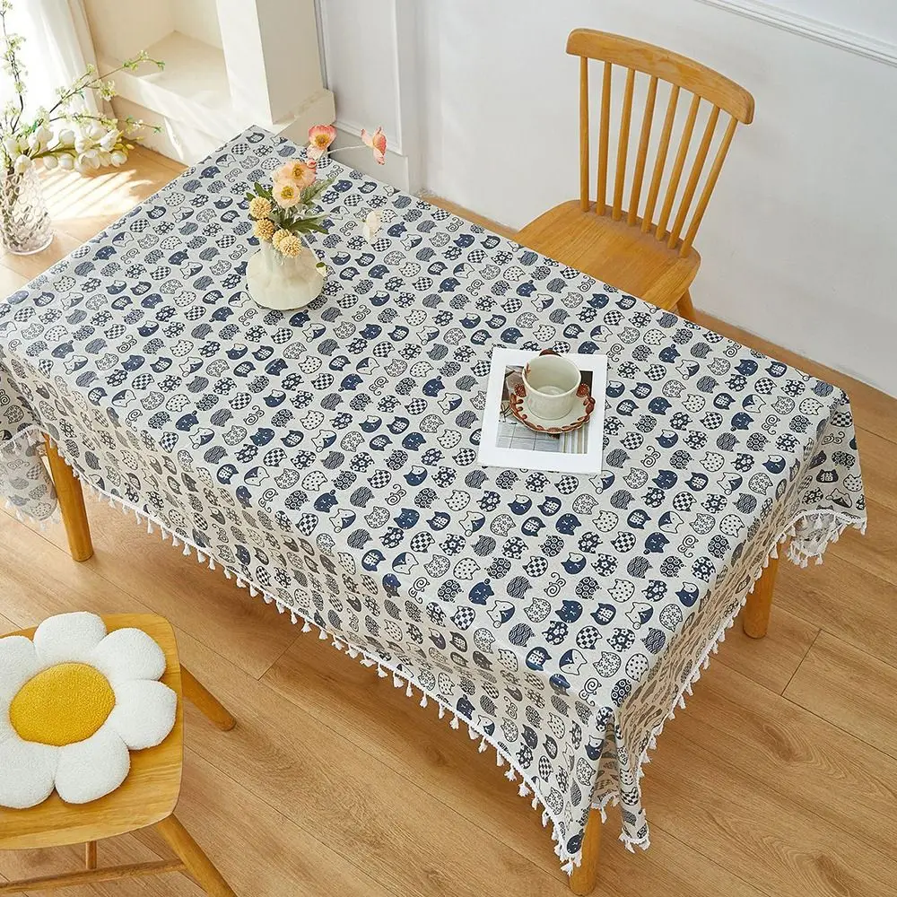 Creative Waterproof Coated Tablecloth Reusable Rectangular Cat Pattern Table Cover with Tassels Heat-resistant Table Mat