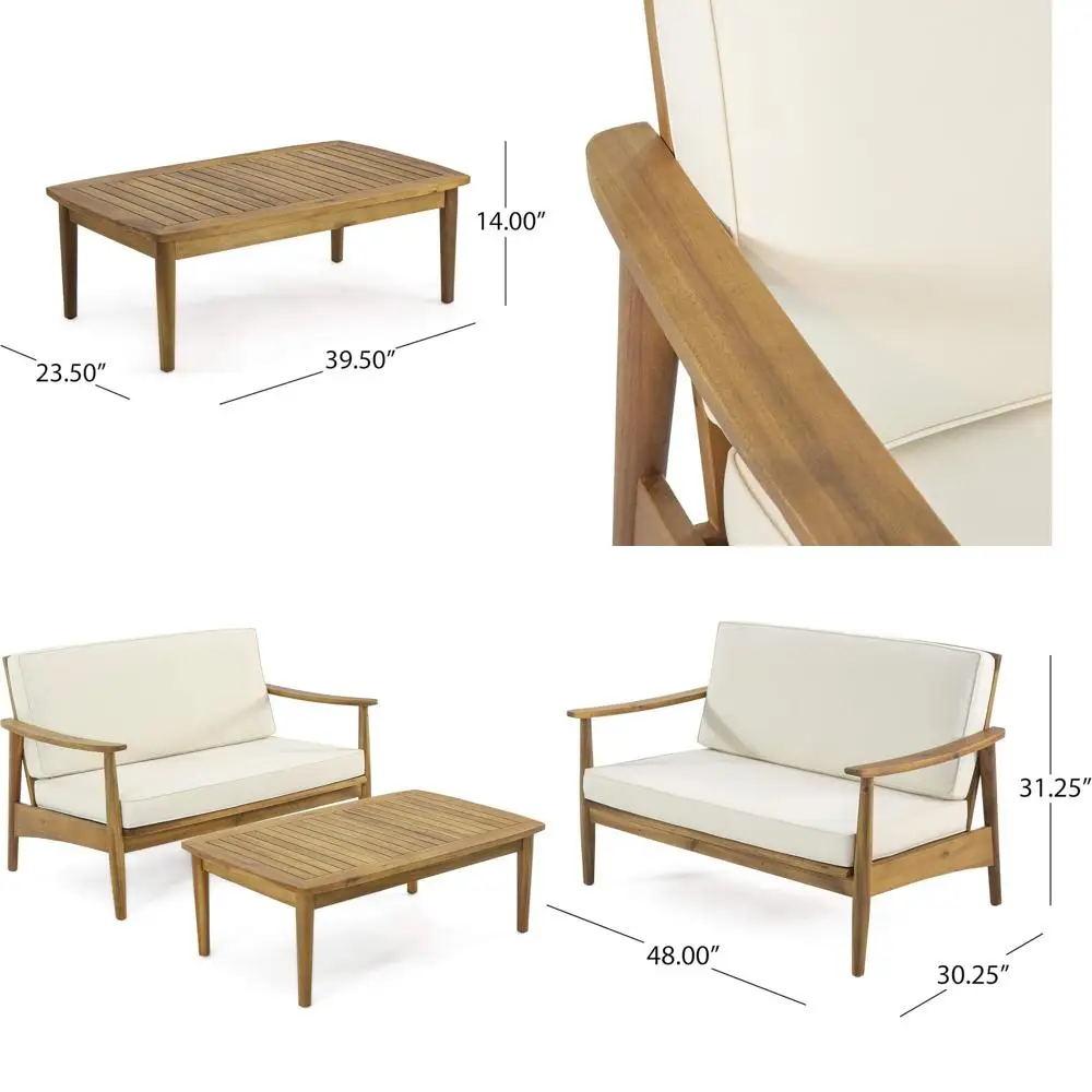 

Acacia Wood Loveseat Set with Coffee Table, Teak Finish, Beige