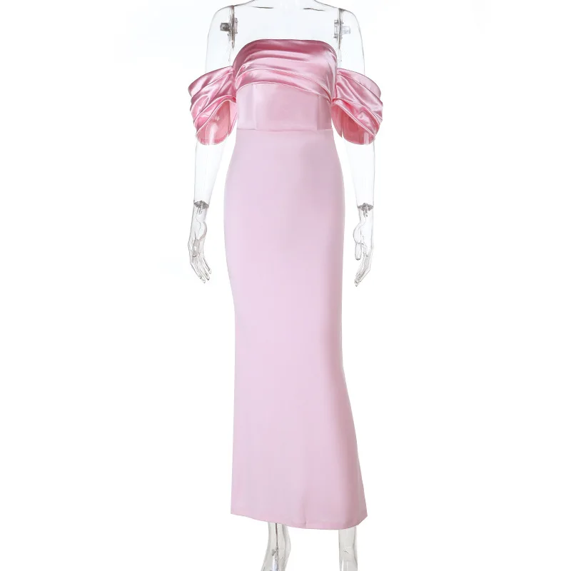Cetim fora do ombro vestido de noite clube vestidos 2025 feminino outono sexy bodycon maxi vestidos festa elegante noite baile vestido rosa