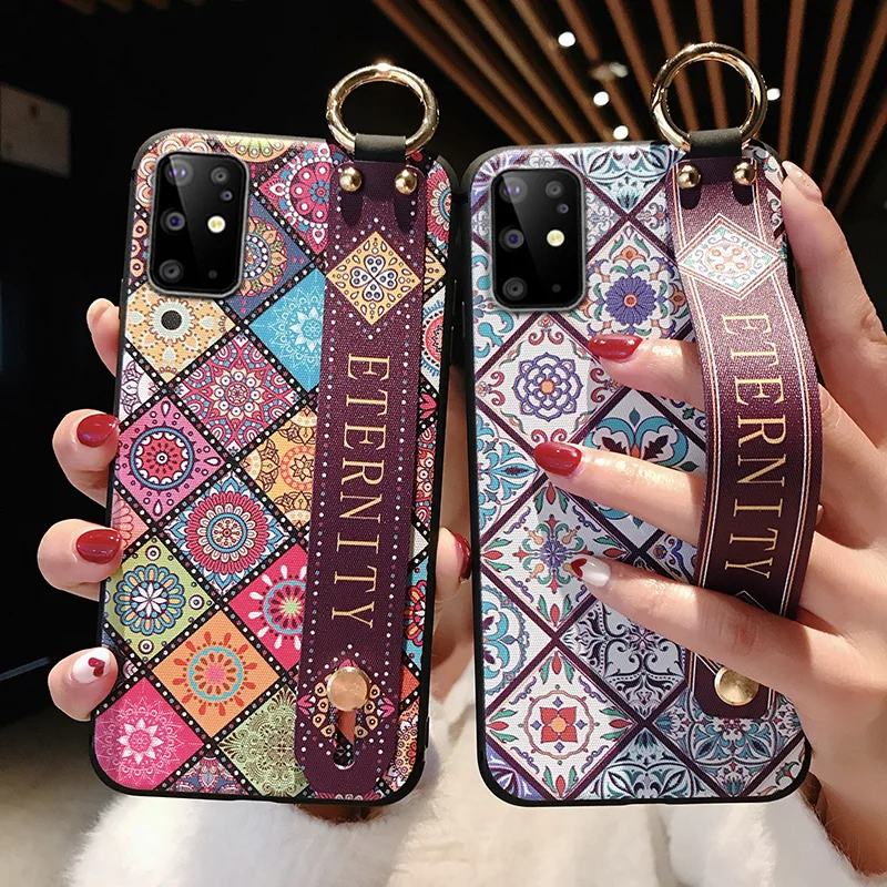 Galaxy S21 FE Case Luxury Art Leaf Flower Wrist Strap Phone Holder Cover Shell for Samsung S22 Ultra A33 53 73 M52 TPU Back Etui