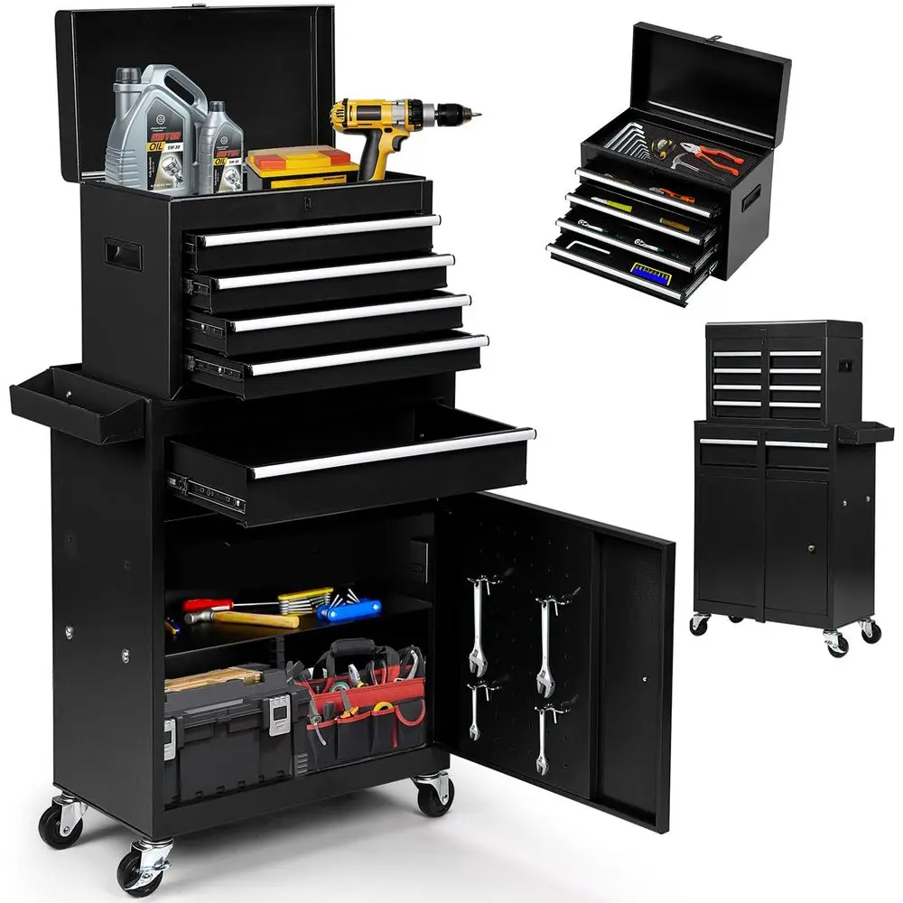 

Rolling Tool Chest 2in1 Lockable Tool Box with Wheels, Sliding Drawers amp Detachable Top Garage amp Workshop Storage Cabinet,