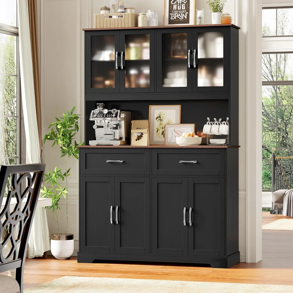 

71 Tall Kitchen Pantry Cabinet, Kitchen Hutch with Microwave Stand, Glass Doors, Food Pantry Cabinet with Doors and Shelves for