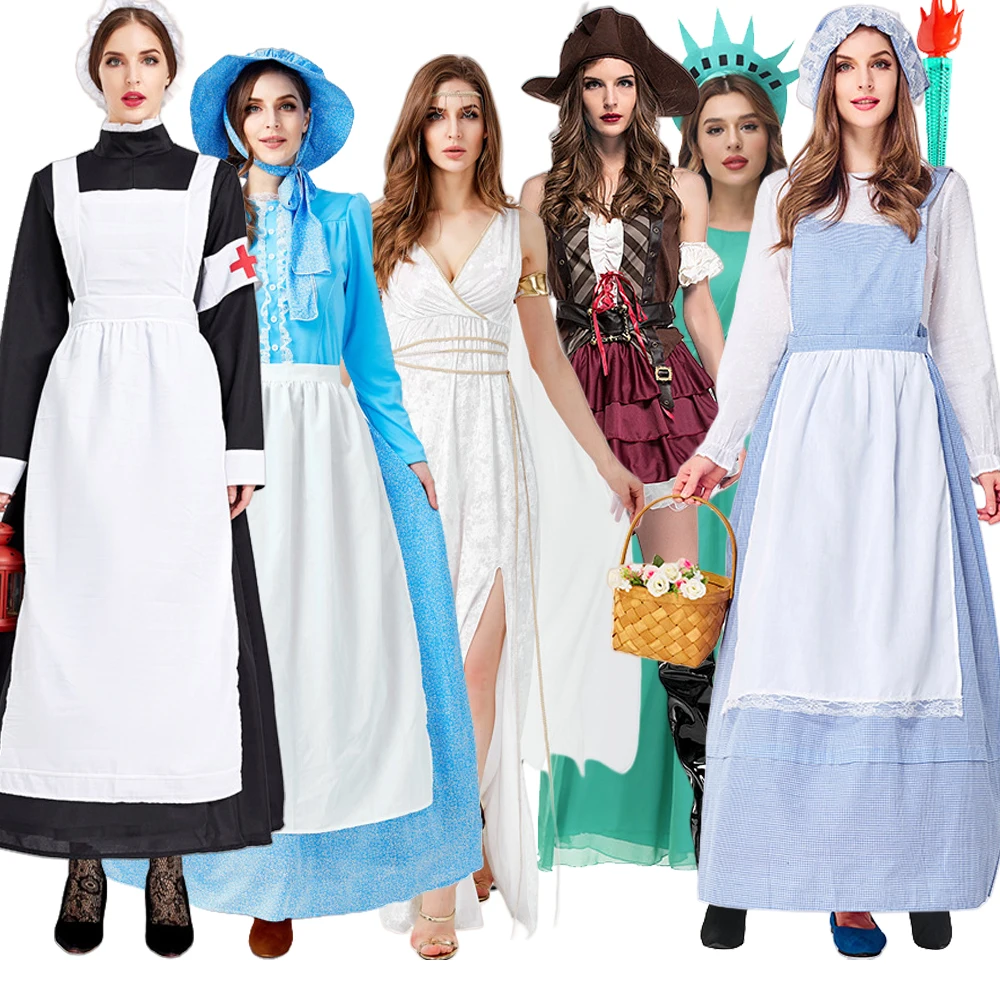 

loween Pirate Nurse Costume Women's Somali Pirate Sea ue Clothing Prairie Girl Outfit Farm Girl Theme Par Wear