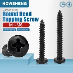 HOWSHENG 20-200 Cross Round Head Screw M1-M2 M2.3 M2.6 M3 M4 M5 M6 Carbon Steel Self Tapping Small Screw for Phone Glasses