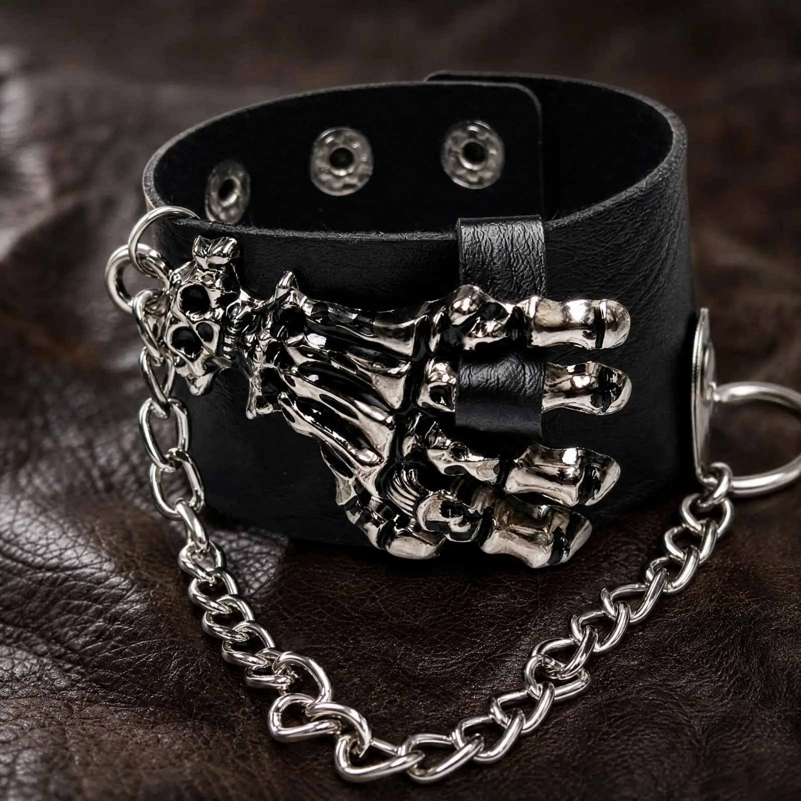 Gothic Punk Cuff Bracelet for Women Men Skeleton Hand PU Leather Wrist Chain with Metal Links Wide Arm Cuff for Daily Wear