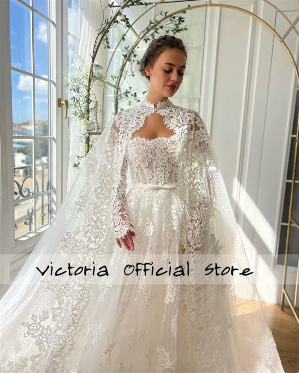 Dreamy White Lace Applique Wedding Dresses Off The Shoulder Long Sleeves Dubai Engagement Gowns With Cape A Line Customized