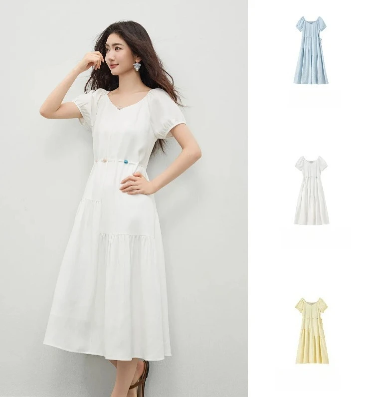 SENTUBILA Damen A-Linien-Kleid, weiß, V-Ausschnitt, asymmetrischer Schnitt, farblich abgesetzte Details, mit Perlen verziert, mit Bändern, kurze Puffärmel, Kleid 162LO5948 – Detail 13