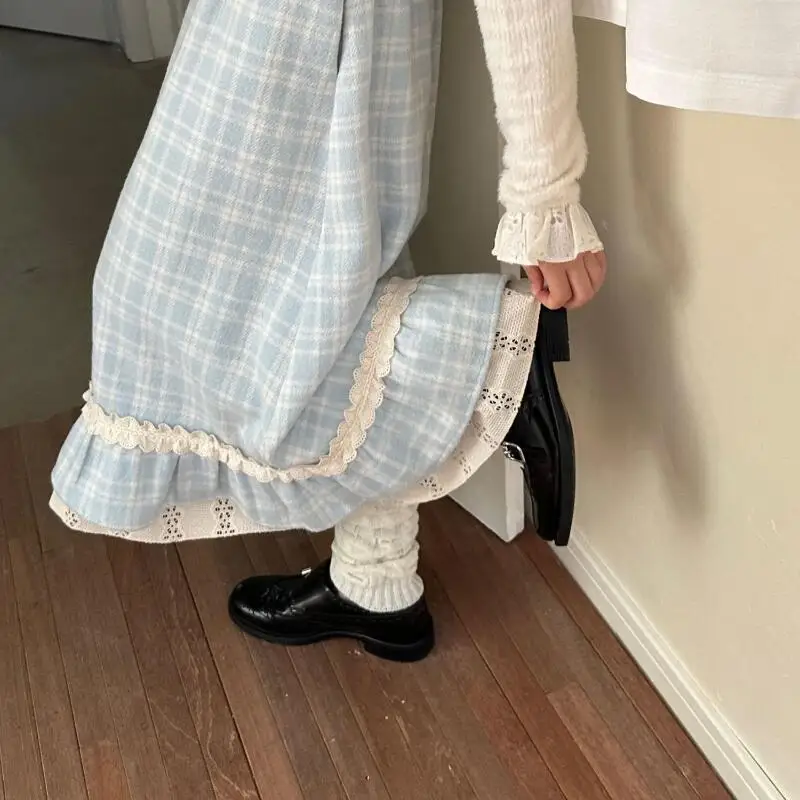 Japanese Women's Sweet Long Skirt Autumn and Winter New Blue Checkered Retro College Style Fabric Skirt Loose Casual Half Skirt