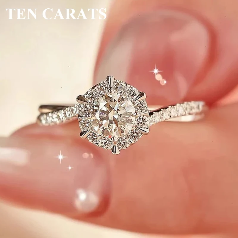 

TEN CARATS 1CT Moissanite Ring 925 Sterling Silver Round Halo Sparkling Diamond-Like Jewelry for Women Wedding Proposal Gift