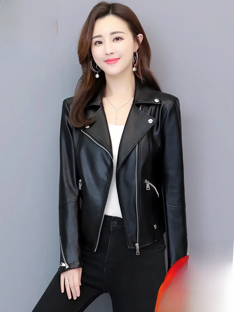 Giacca in Pelle da Donna Primaverile/Autunnale con Colletto Rovesciato, Stile Biker Slim Fit, Versione Coreana Heining