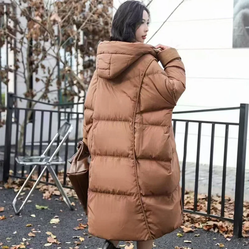 2025 New Winter Women Thickened Large Quilted White Duck Down Jacket Female Long Over-Knee Loose Fit Warm Puffer Coat