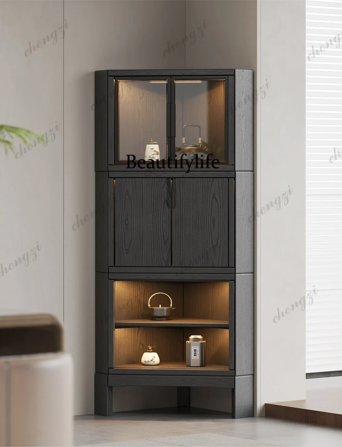 a55 Solid wood corner rack triangular cabinet living room corner cabinet bedroom multifunctional corner storage cabinet