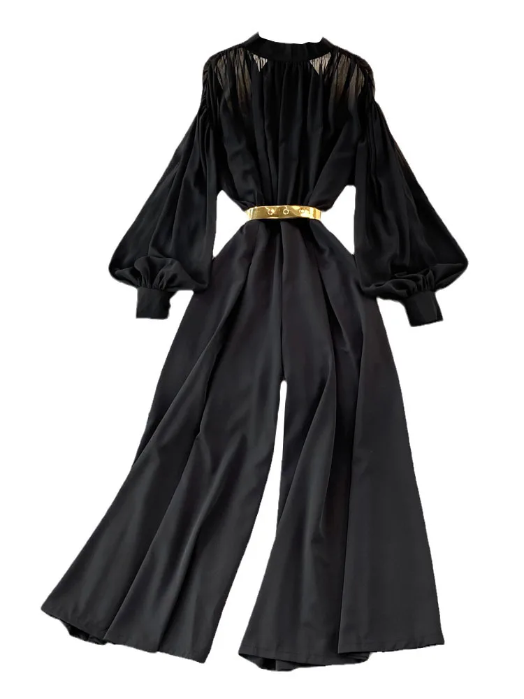 EWQ Sweet Style Women Jumpsuits Pleated Stand Collar Lantern Sleeve Solid Color Wide Leg Jumpsuit Spring Summer 2023 New SN0533