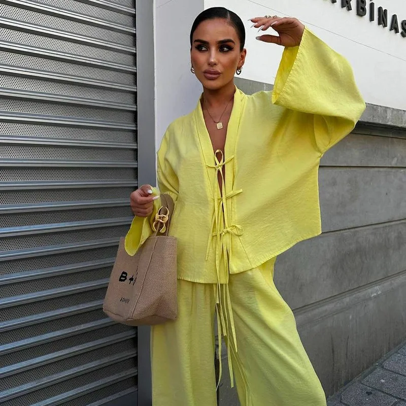 

Elegant Women Two Piece Pants Set Y2K INS Summer Autumn Long Sleeve Bow Tie Shirt Top Loose Wide Leg Pants Outfits Tracksuit