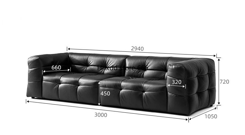 Italian minimalist black leather marshmallow sofa living room retro trio