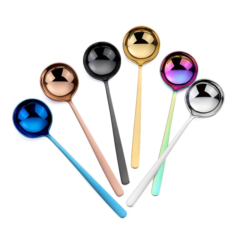 Colors Large Round Head Tablespoons Long Handle Coffee Stirring Spoon Stainless Steel Tableware Ramen Soup Ladle Kitchen Utensil