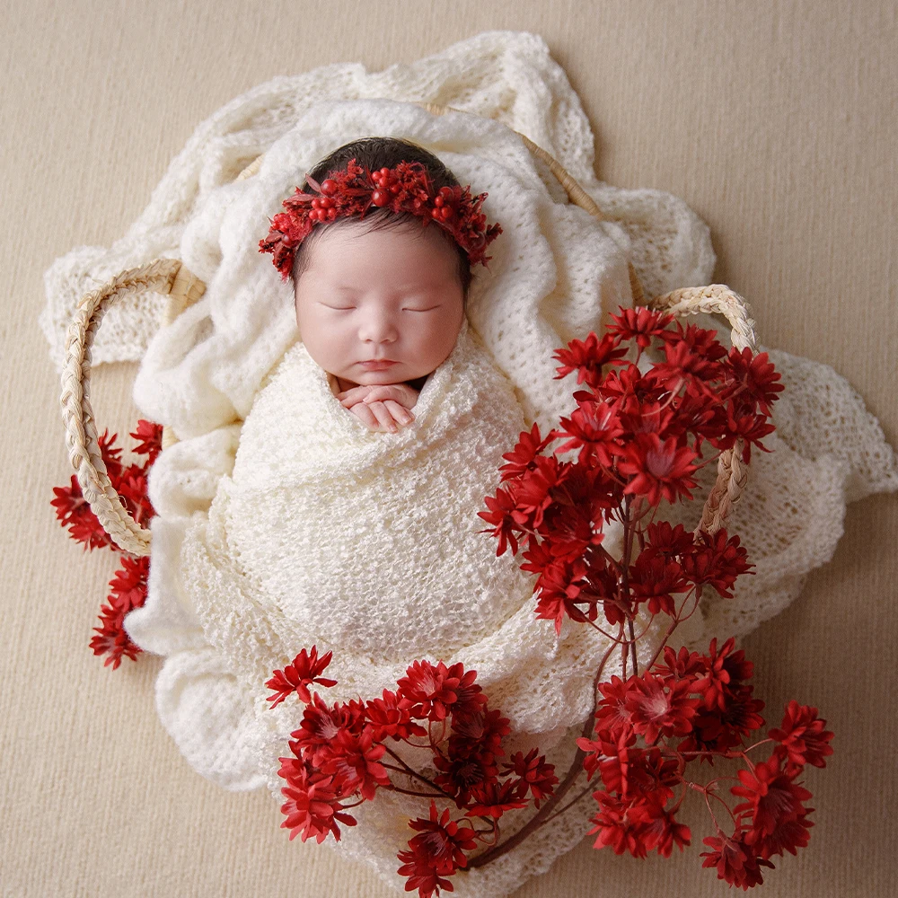 Newborn Photography Props Hollow Wool Wrapping Headband Woolen Yarn Blanket Artificial Flower Ornament Studio Photo Shoot Props