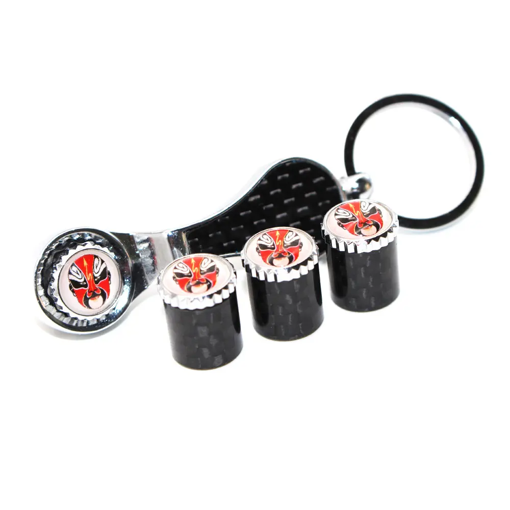 5Pcs/Set Face Style Emblem Auto Car Wheel Tire Air Valve Caps With Wrench Keychain Carbon Fiber + Copper Stem Dust Cover Accesso