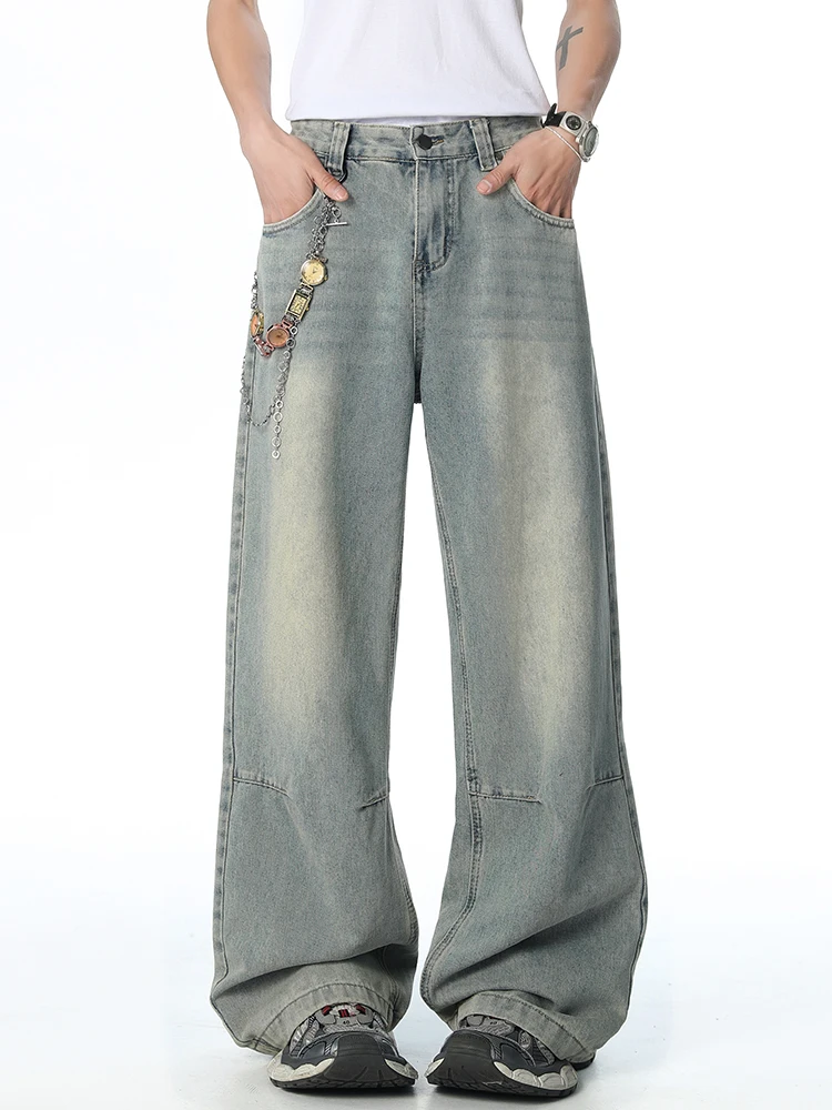 

Y2k Korean Men's Baggy Jeans Blue Personalized Fashion Straight Wide-leg Pants Male Streetwear Vintage Casual Denim Trousers