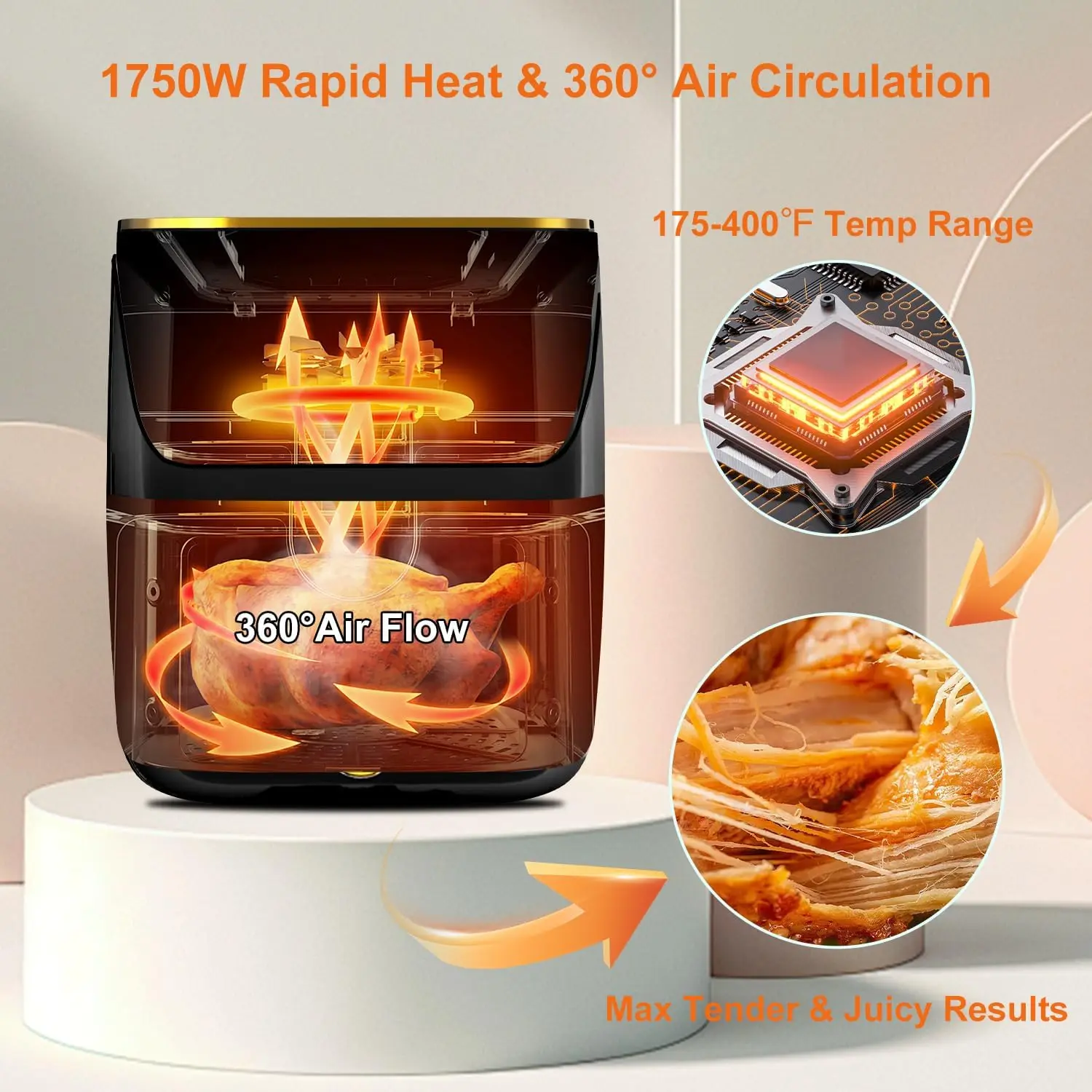 Fritadeira a ar automática com tela de toque digital, 8 em 1, fácil visualização do Windows, rápida fritura a ar até 400 ° F, tamanho grande família, 8.5Qt, 1750w