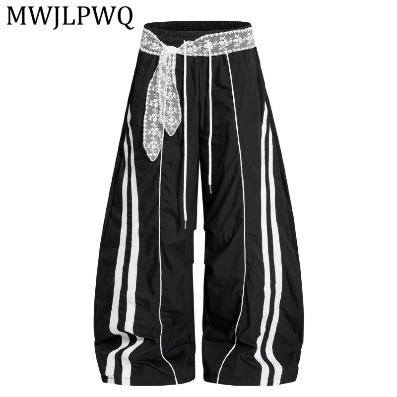 MWJLPWQ American Lace Splicing Drawstring Casual Trousers Men Women Summer Breathable Street Loose Wide-Leg Long Pants 16202
