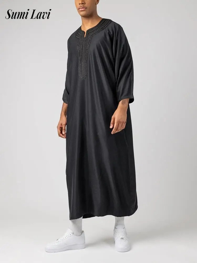 Summer Kaftan Muslim Mens Half Sleeve Robes Daily Casual Loose Breathable Long Thobe Men Islamic Arabic Retro Embroidery Robe