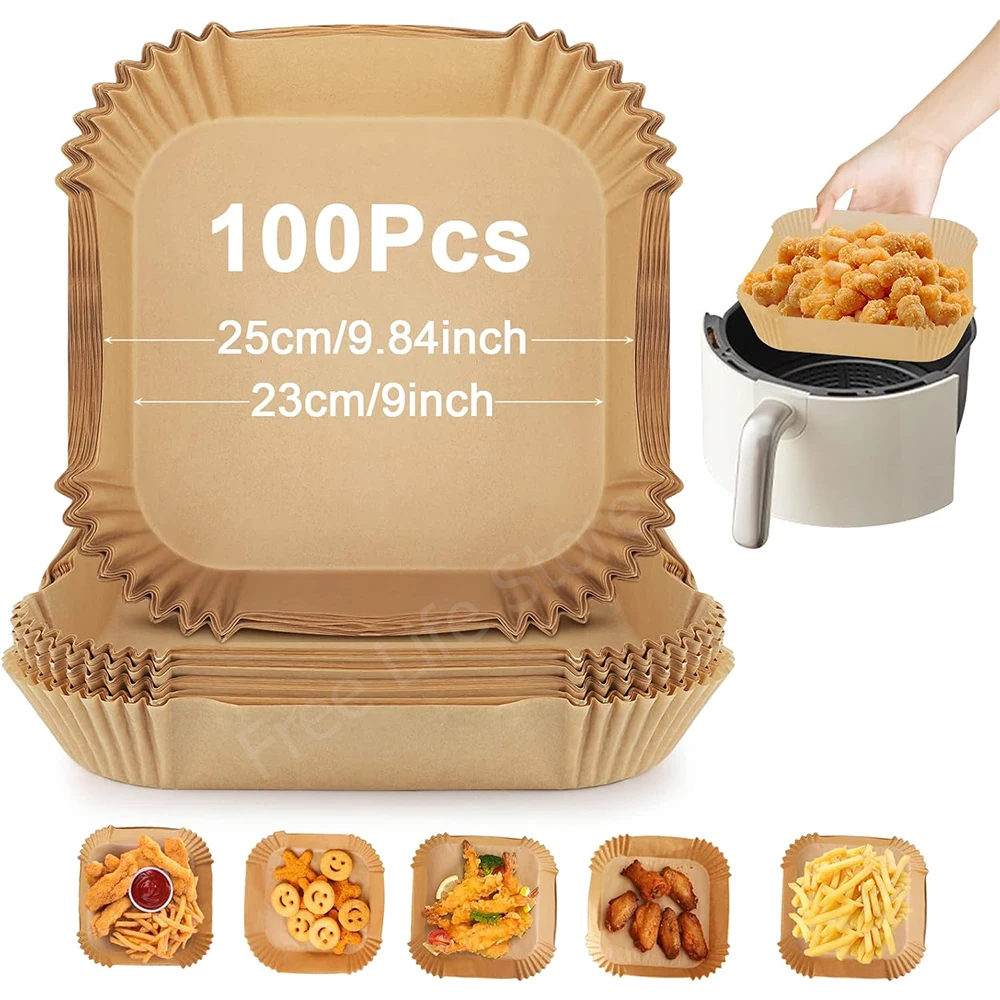 23cm Air Fryer Paper Square Disposable Air Fryer Baking Paper Non-Stick Parchment Paper for Oil Free Deep Fryer 3-8L Airfryer