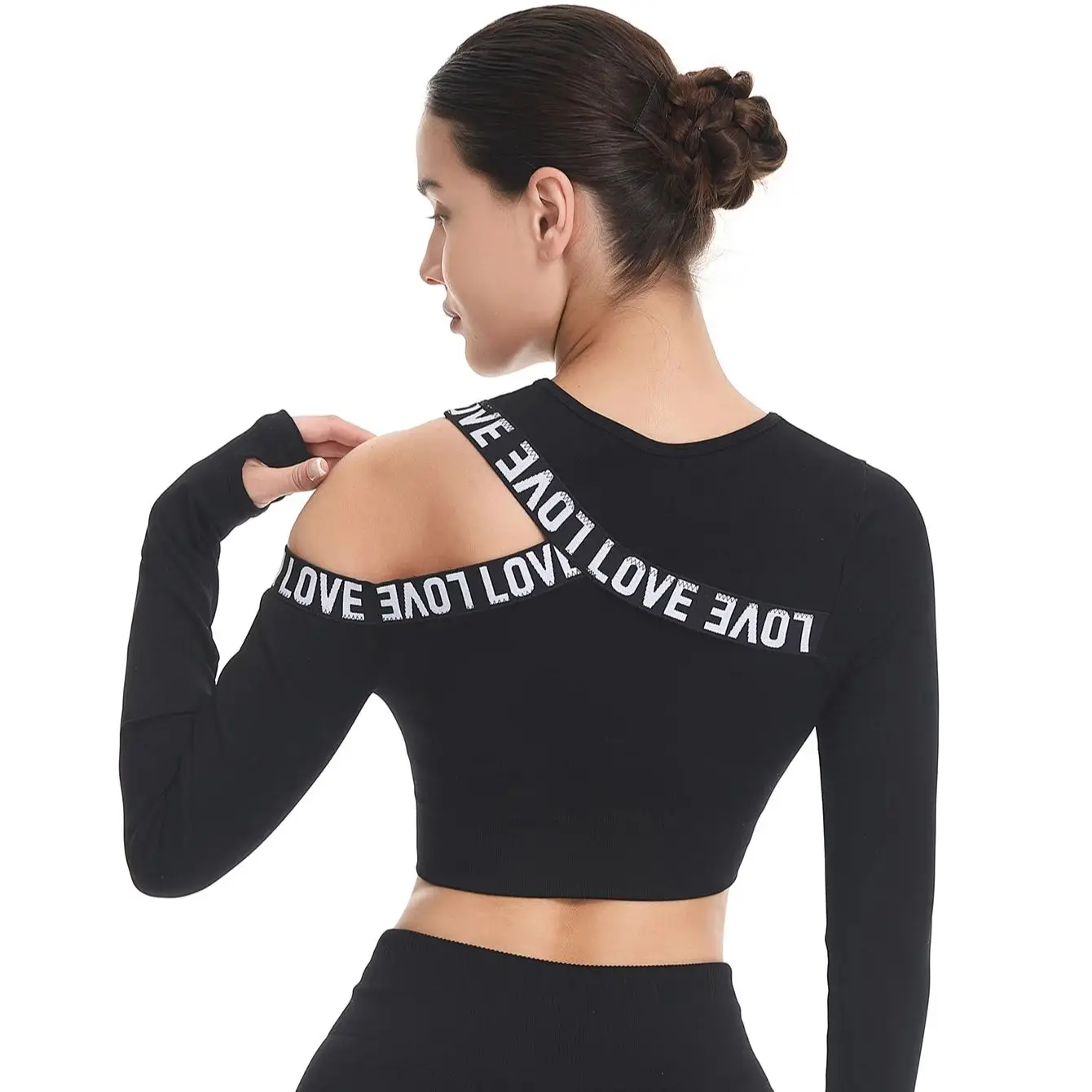 Women's Black Long Sleeve Crop Top with Letter Strappy Detail Asymmetric Neckline Sexy Workout Top Fitness Yoga Shirt
