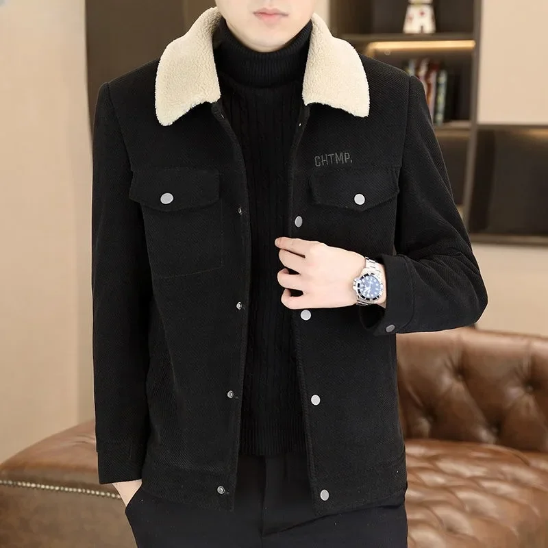 Jacket Solid Color Polo Collar Outwear Winter New Men Thicken Lamb Fur Warm Short Woolen Coat Male Fashion Casual Large Size